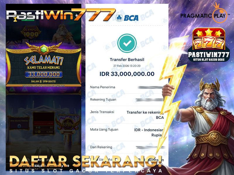 BUKTI JP BESAR MEMBER PASTIWIN777 – GATES OF OLYMPUS 1000 – PRAGMATIC PLAY